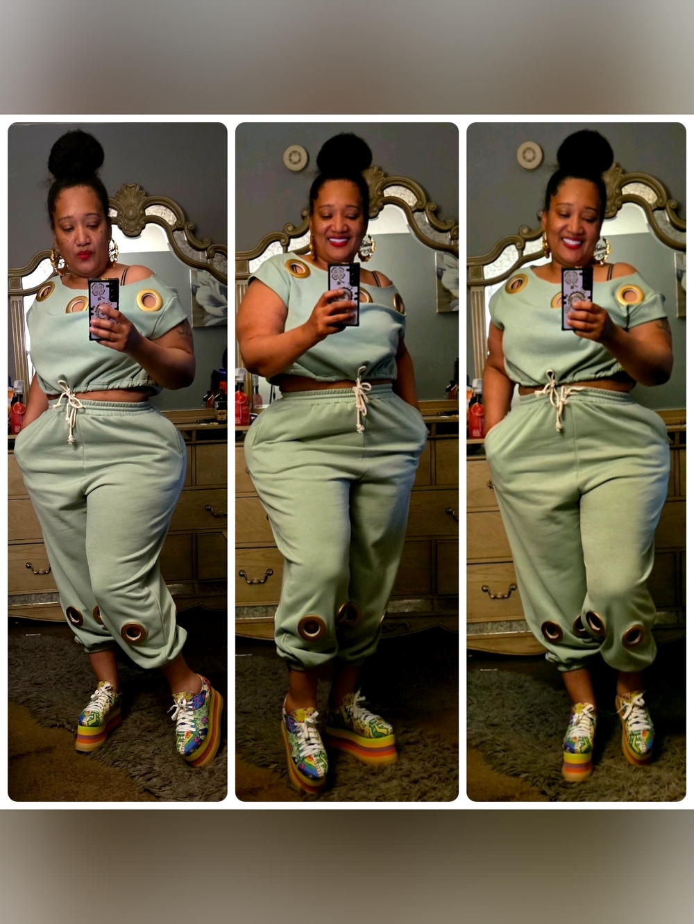 Women's Sage Green Jogger Set with Gold Grommet Accents